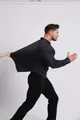 High-stretch men's ice silk long sleeve shirt in navy showing fabric elasticity - 40/XS / Tops / Navy Blue