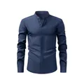 Camicia vintage a maniche lunghe in finto lino da uomo con collo alla coreana blu navy - Blu navy