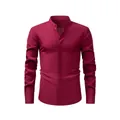 Camicia da uomo bordeaux in finto lino con collo alla coreana vintage a manica lunga - Borgogna