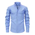 Men's blue and white striped long-sleeved button-down shirt with four-way stretch - S / Tops / Blue and White Fine Vertical Stripes (YC-07)