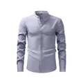 Camicia da uomo in finto lino grigio con colletto alla coreana e maniche lunghe, casual - Grigio