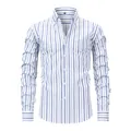 Men's blue and white vertical striped long-sleeve dress shirt with four-way stretch fabric - Blue and White Alternating Stripes (YC-08)