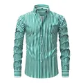 Elegant men's long-sleeve button-down shirt featuring green and white vertical stripes. - Green and White Vertical Stripes (YZ-03)