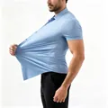 Light blue men's high-elasticity short sleeve polo shirt showing premium fabric stretch - 44/XL / Tops / Light Blue