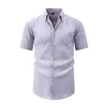 Men's short sleeve seersucker casual summer shirt in light grey with red button detail - XS / Tops / Haze Grey