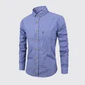 Blau-weiß kariertes Langarmhemd für Herren, Slim Fit, mit Brusttasche, aus Baumwolle - S / Oberteile / Dunkelblau Kariert (C710-1)