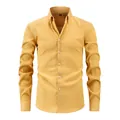 Mustard yellow textured crinkled long-sleeve shirt for men in a retro casual style - XS / Tops / Long Sleeve / Gold