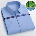 Chemise à manches courtes en fibre de bambou bleu ciel, tissu infroissable - 38 / Hauts / Bleu
