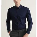 Elegant men's slim-fit long-sleeved navy blue dress shirt with non-iron finish - 38/M / Tops / Navy Blue No Pocket (Long Sleeve)