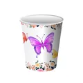 Vue détaillée d'un papillon violet et d'un motif floral sur un gobelet en papier blanc - Style Papillon Violet