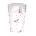 Detailed view of white paper cups with pink ribbon bows for party themes. - Paper Cup / Set of 24