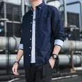 Marineblauw casual retro-overhemd voor heren met lange mouwen en button-down kraag. - M / Tops / Marineblauw Lange Mouwen