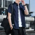 Donkerblauw Japans retro casual overhemd met korte mouwen voor heren in losse pasvorm - Marineblauw (Korte Mouw)