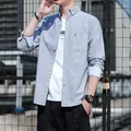 Casual grijs Japans retro overhemd voor heren met lange mouwen en button-down kraag - Grijs Lange Mouwen