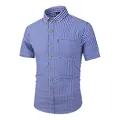 Premium slim fit men's blue and white checkered short sleeve casual cotton shirt - XS / Tops / Navy Plaid