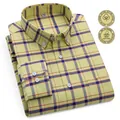 Casual men's long-sleeve cotton Oxford plaid shirt in yellow with 100% cotton seal. - 38 / Tops / Yellow-Green Plaid Style (1806)