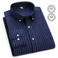 Men's premium navy blue striped long-sleeved shirt made of 100% cotton oxford cloth - 38 / Navy Blue Vertical Stripe Style (NJF-1809) / Navy Blue Vertical Stripes / Tops