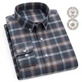 Classic men's navy blue and brown plaid long-sleeved Oxford shirt made of 100% pure cotton. - 38 / Tops / Blue Brown and White Plaid (1815)