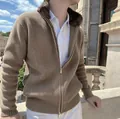 Detail of men's ribbed knit cardigan featuring a plush fur collar and dual zipper. - S / Tops / Camel