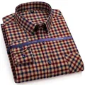 Camicia classica da uomo a maniche lunghe in cotone spazzolato con motivo a quadri marrone - 38/M / Top (R2-893) / Quadri Marrone Blu Rosso