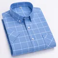 Chemise homme Oxford en coton à manches courtes et carreaux bleu ciel style décontracté - 38 / Hauts / Plaid Bleu Clair et Blanc (2036-30)