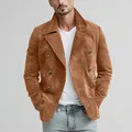 Close-up detail of a men's retro brown suede double-breasted jacket with notch lapel - S / Tops / Khaki
