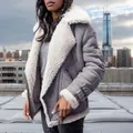 Side view of a grey suede shearling jacket with white fuzzy collar and buckle cuffs - S / Tops / Gray