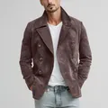 Detailed view of men's vintage suede double-breasted jacket with large lapel. - S / Tops / Dark Brown