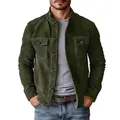 Detailed view of men's vintage dark green faux suede jacket with stand collar and pockets - S / Tops / Army Green