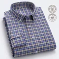 Classic men's blue and tan plaid long-sleeve 100% cotton oxford shirt with chest pocket - 38 / Blue and Yellow Checked (1846) / Tops