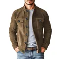 Close-up of men's vintage faux suede work jacket featuring stand collar and pockets - S / Tops / Brown