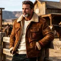 Detailed view of men's retro brown faux suede work jacket featuring a warm sherpa collar. - S / Tops / Dark Brown