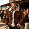 Rugged men's faux suede jacket with warm shearling collar in Western ranch style - S / Tops / Coffee