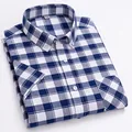 Chemise à manches courtes en coton oxford à carreaux bleu et blanc pour hommes décontractés - 38 / Hauts / Petit carreau bleu et blanc (2036-43)