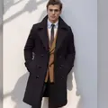 Classic men's black double-breasted long woolen overcoat in a stylish slim fit silhouette - S / Tops / Black