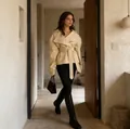 Elegant beige belted waist long sleeve jacket for women in modern autumn fashion - S / Tops / Khaki