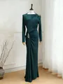 Front view of deep teal long-sleeved ruched slim-fit dress on boutique mannequin - Navy Blue