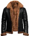 Men's stylish black PU leather jacket with warm brown faux fur lining and shearling collar - S / Top (D4G198) / Brown