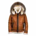 Men's brown hooded shearling jacket with thick fur collar and leather finish - S / Top (K10) / Brown