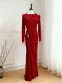 Detailed view of red floor-length ruched dress with elegant waist metal ring - Red
