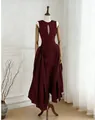 Detail view of burgundy sleeveless dress with elegant chest cutout and pleated waist. - S / Dresses / Burgundy