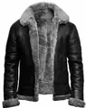 Classic men's black PU leather aviator jacket featuring thick grey faux fur lining and trim - S / Top (D4G198) / Gray