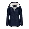 Women's navy blue winter hooded jacket with warm fleece lining and zip pockets - S / Tops / Navy Blue