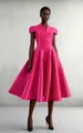 Detailed view of the magenta pleated satin fabric on a V-neck ball gown dress - S / Dresses / Light Pink
