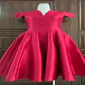 Elegant red puffy V-neck formal dress with petal sleeves displayed on a white mannequin - S / Dresses / Deep Pink