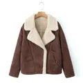 Detailed view of a brown faux shearling jacket with white lamb wool collar for women - S / Tops / Dark Brown
