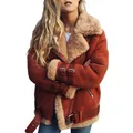 Detailed view of a women's tan shearling biker jacket with warm faux fur collar trim - S / Tops / Brick Red