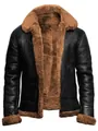 Close-up of men's faux leather shearling jacket with brown fur lining and collar. - S / Tops / Brown