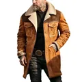 Close-up view of a men's vintage brown faux shearling jacket with warm fleece lining - S / Tops / Ginger And Coffee