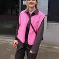 Vibrant pink sleeveless fleece vest in a loose casual style for women's autumn fashion - S / Tops / Rose Red